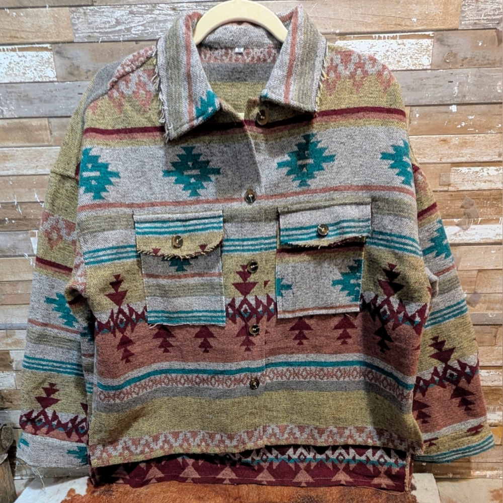 New Multi Color Hi Lo Aztec Raw Edge Oversized Shacket